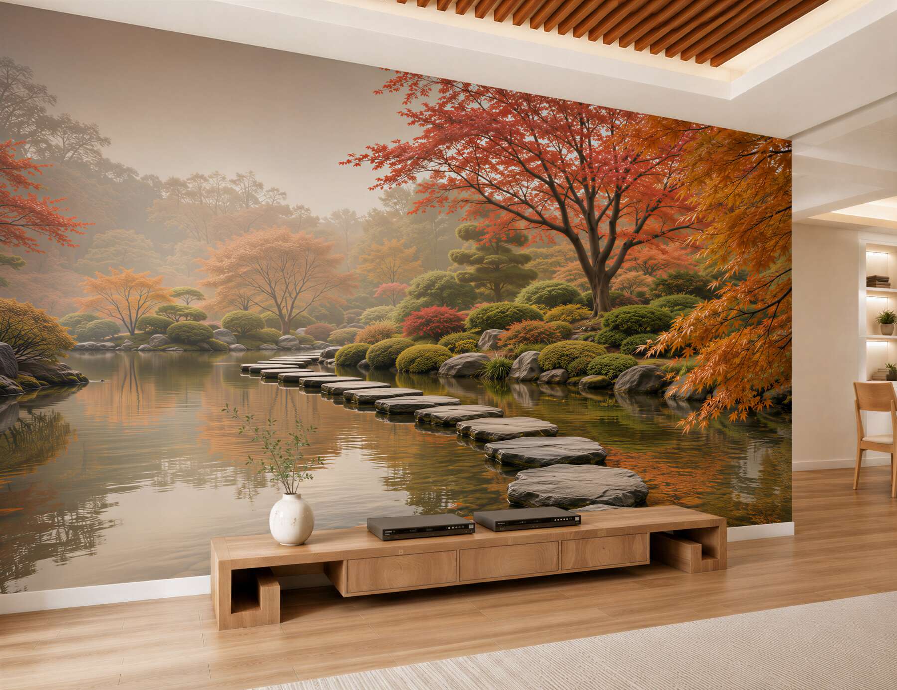 Papier peint jardin japonais d'automne avec chemin en pierre au-dessus de l'étang
