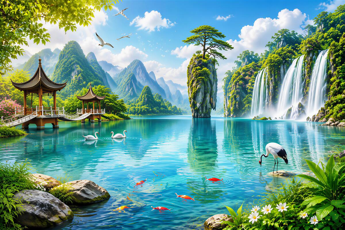 Papier peint chutes d'eau et lac turquoise dans un paysage oriental