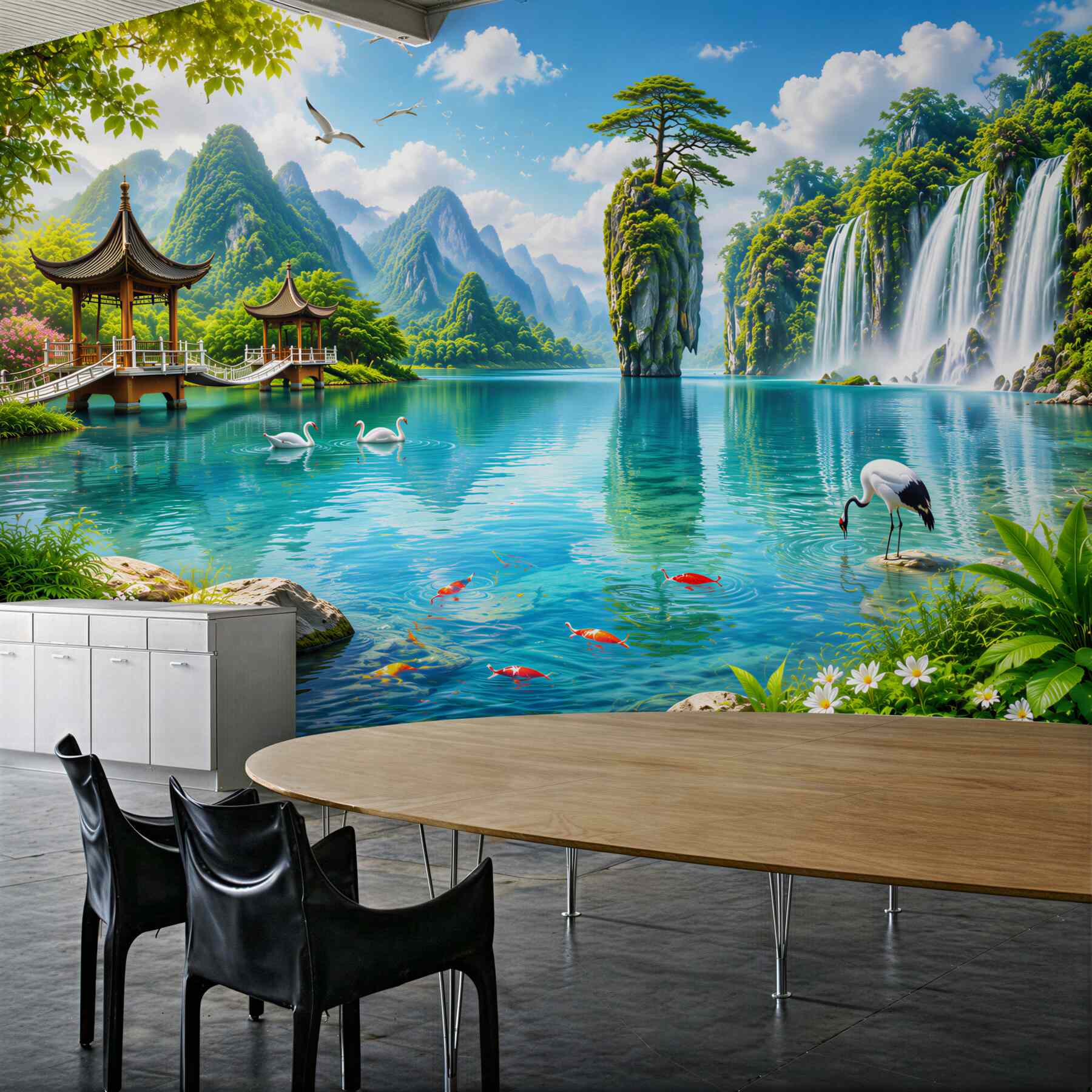 Papier peint chutes d'eau et lac turquoise dans un paysage oriental