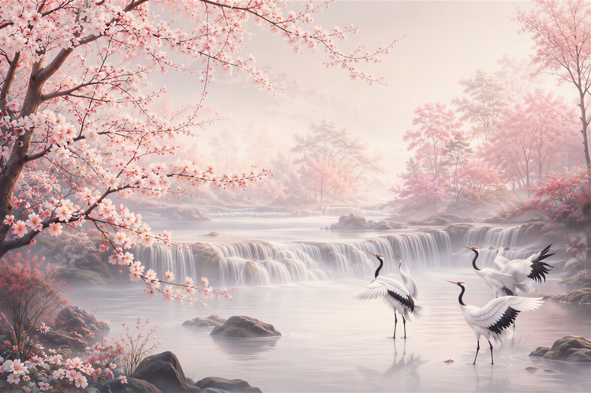 Papier peint cerisiers en fleurs et grues au-dessus d'une cascade dans des roses pastel