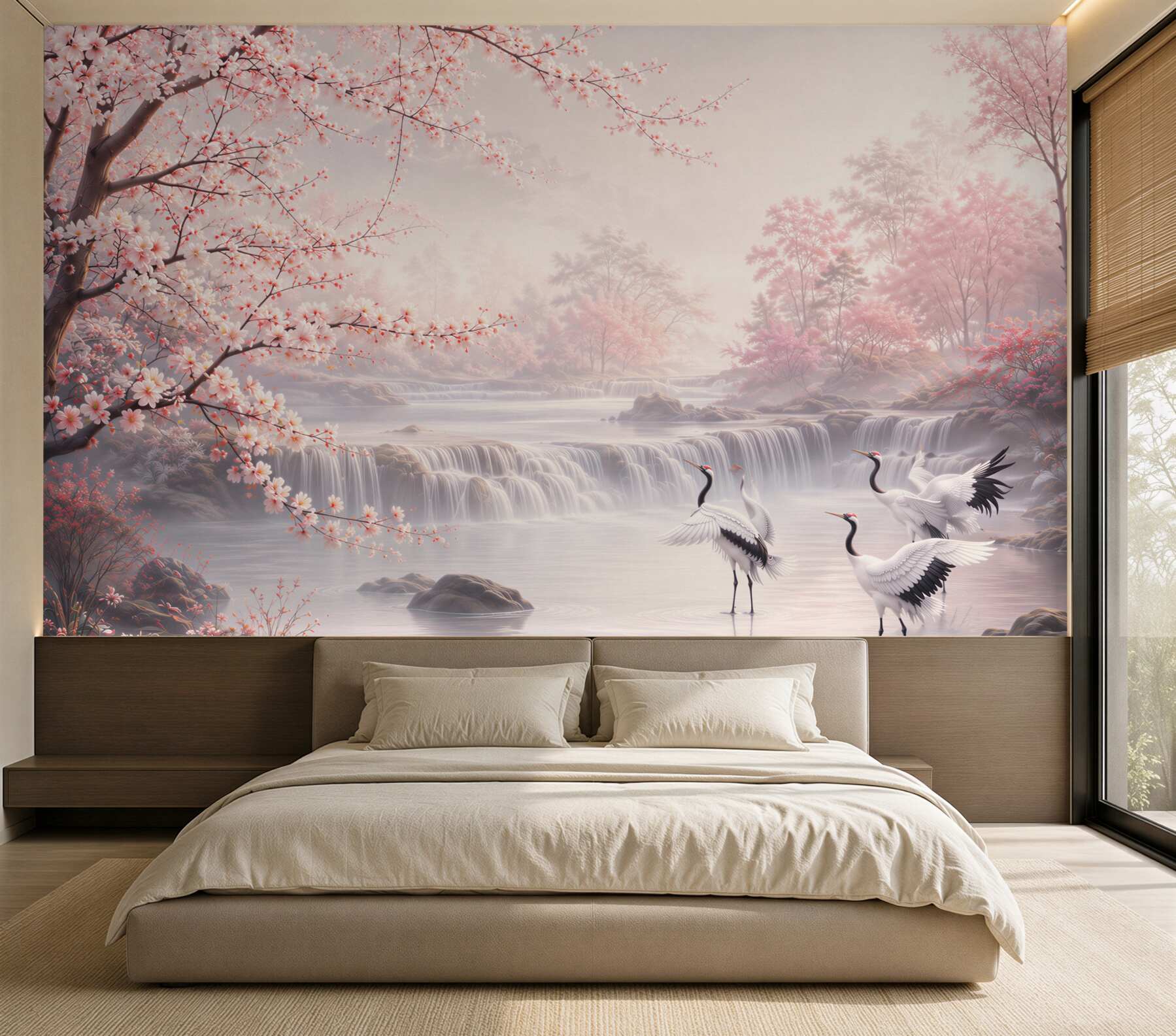 Papier peint cerisiers en fleurs et grues au-dessus d'une cascade dans des roses pastel