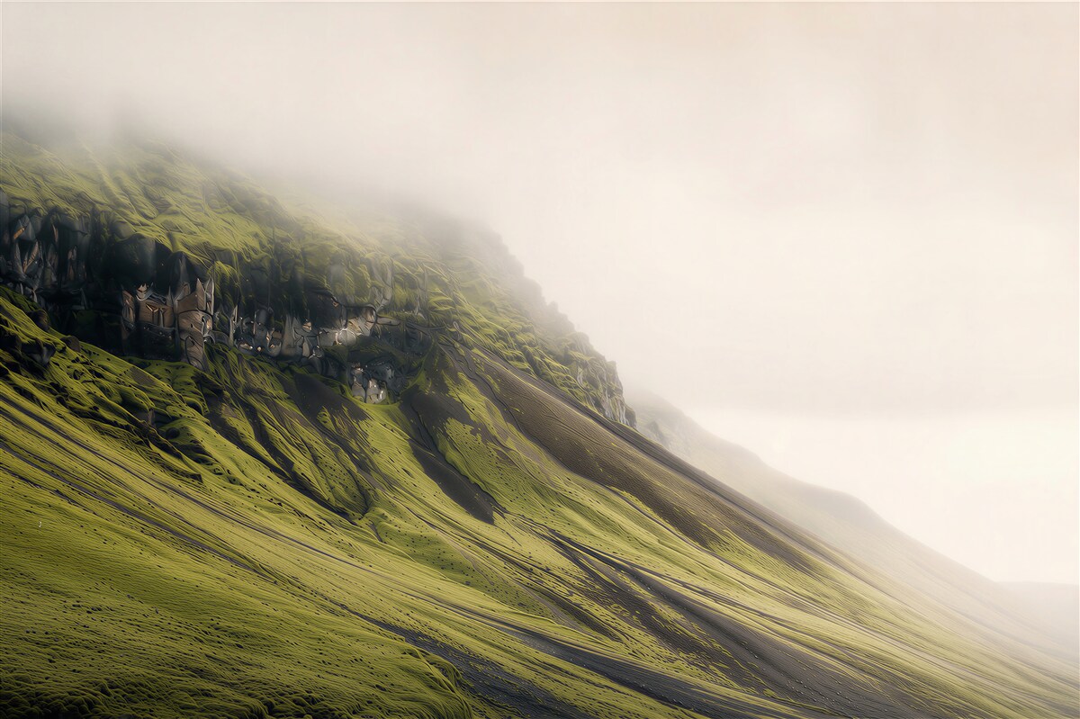 Papier peint colline verte brumeuse avec un versant brut paysage minimaliste