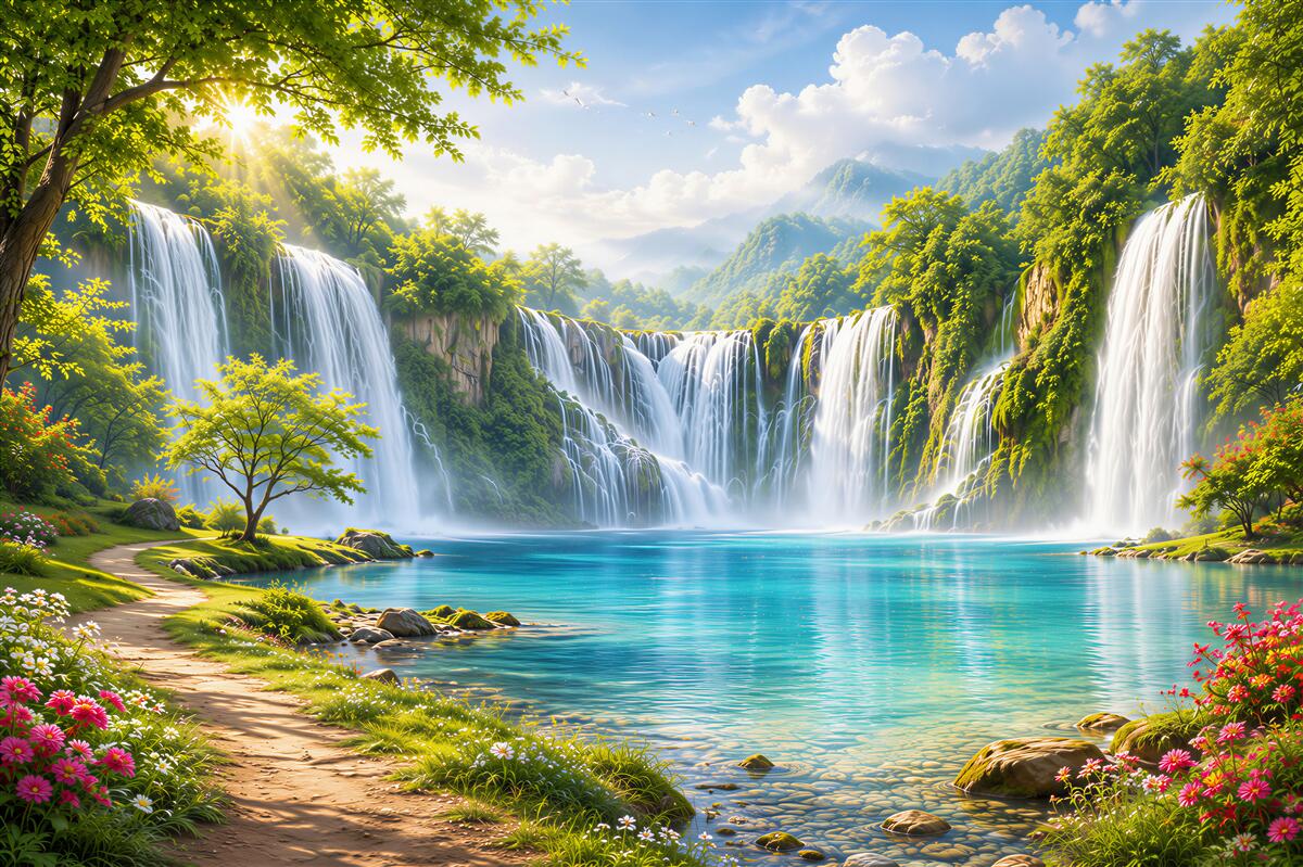 Papier peint chutes d'eau dans une forêt tropicale au-dessus d'un lac turquoise