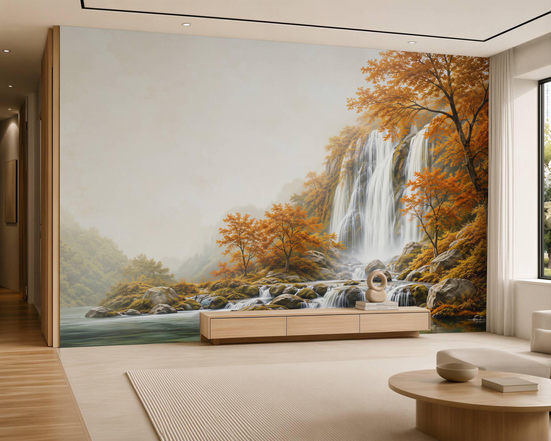 Papier peint cascade automnale dans les montagnes avec des arbres orange