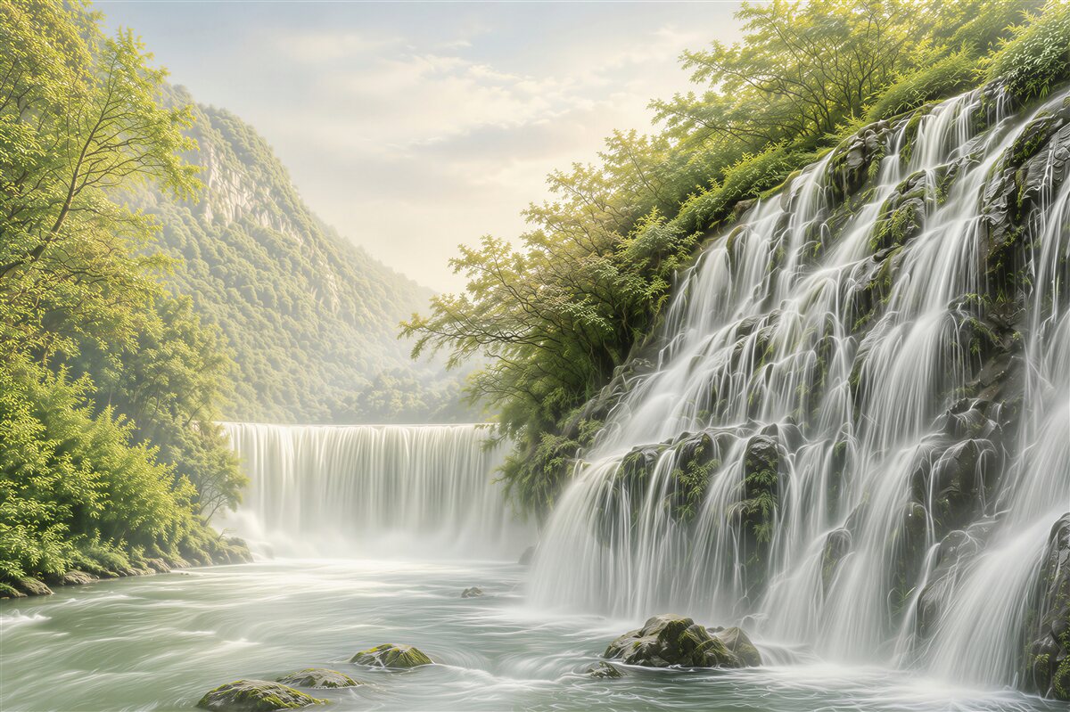 Papier peint cascade en cascade dans une vallée verte paysage relaxant