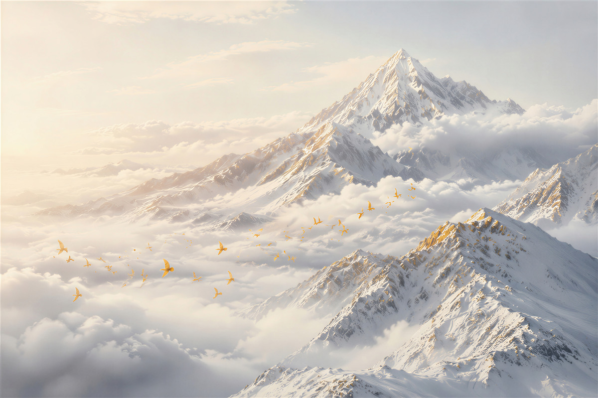 Papier peint montagnes enneigées au-dessus des nuages dans une lumière dorée