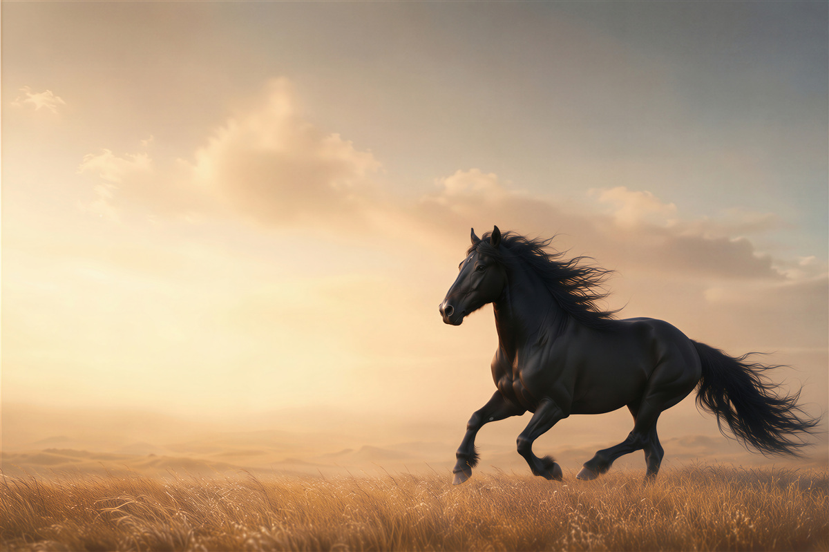 Papier peint cheval noir galopant au coucher de soleil sur une prairie dorée