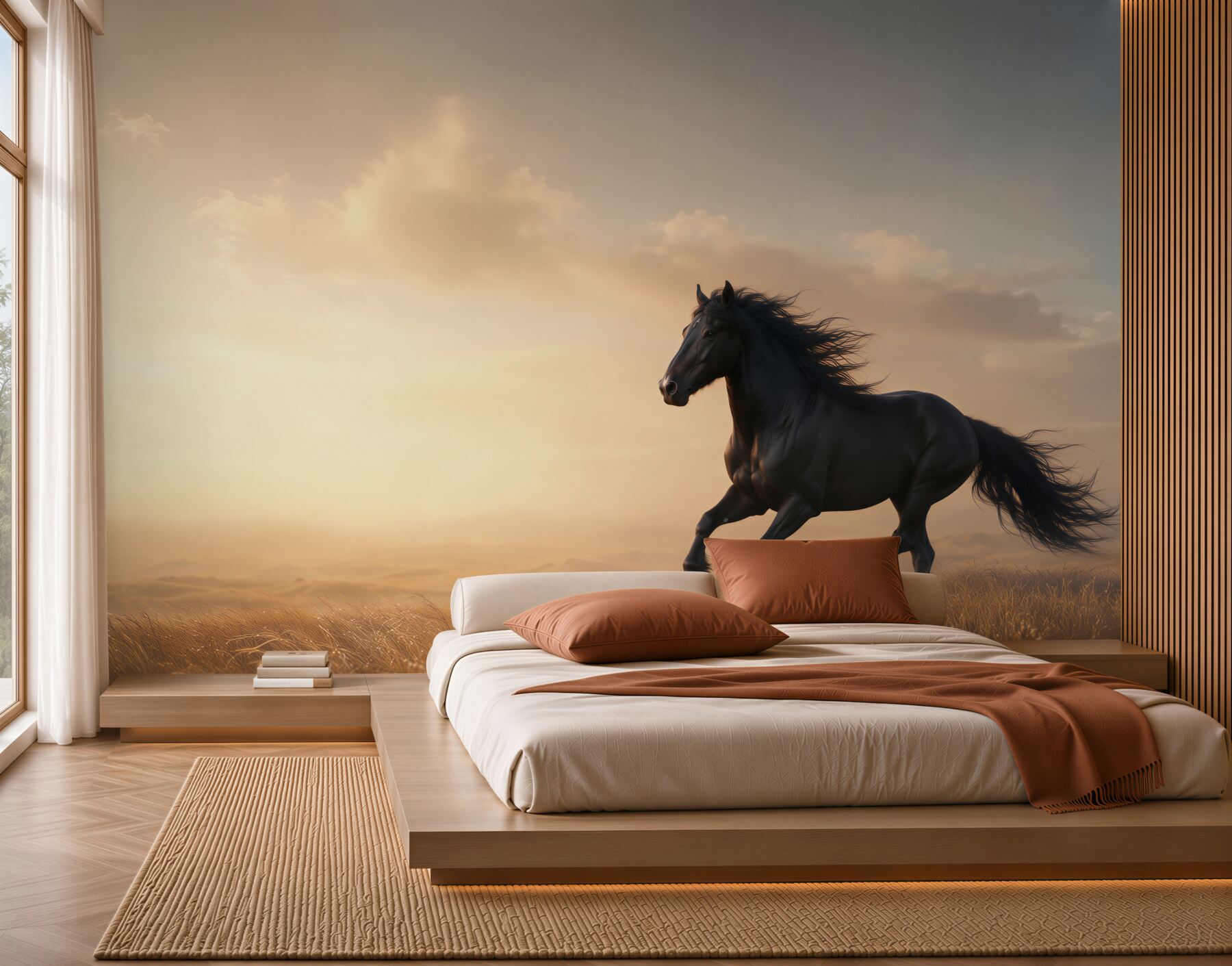 Papier peint cheval noir galopant au coucher de soleil sur une prairie dorée