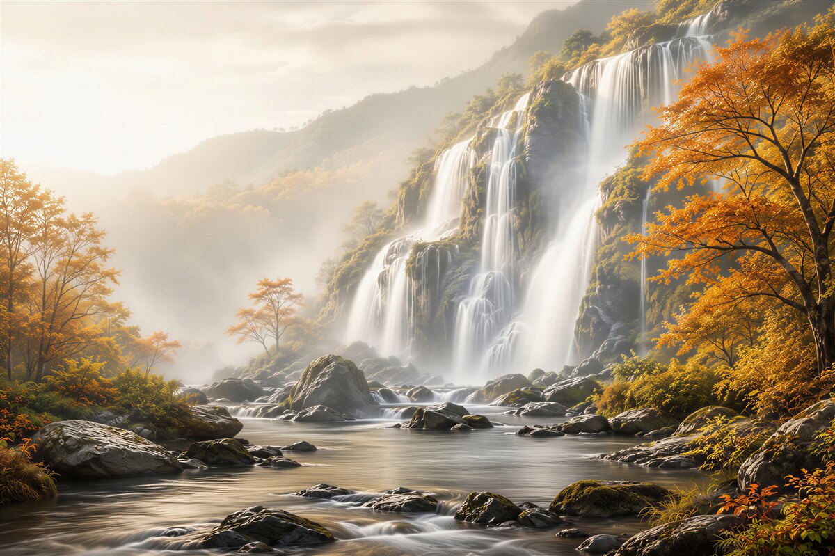 Papier peint majestueuse cascade dans un décor automnal avec brume et rivière