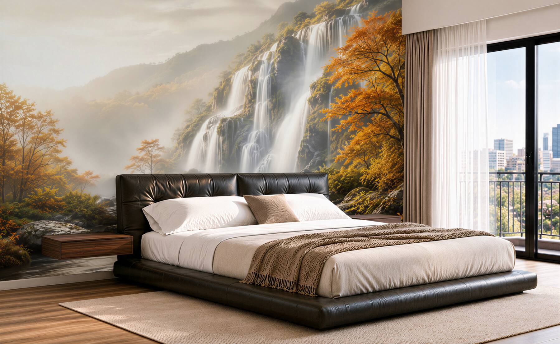 Papier peint majestueuse cascade dans un décor automnal avec brume et rivière
