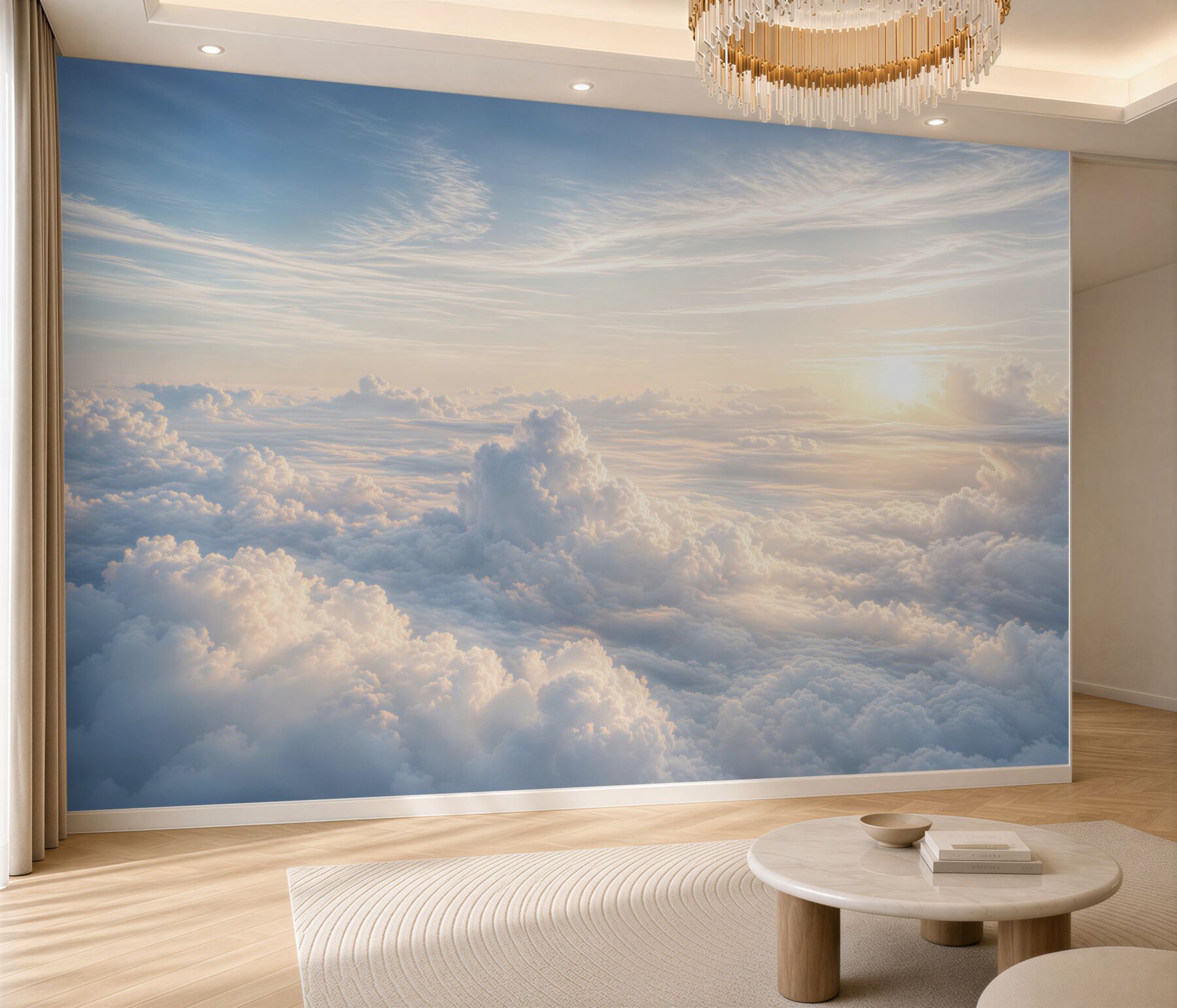 Papier peint nuages blancs et ciel bleu avec soleil abstraction paisible