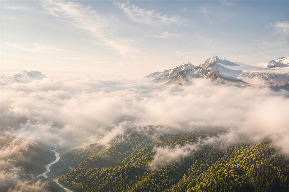 Papier peint montagnes au-dessus des nuages à l'aube pour un salon moderne