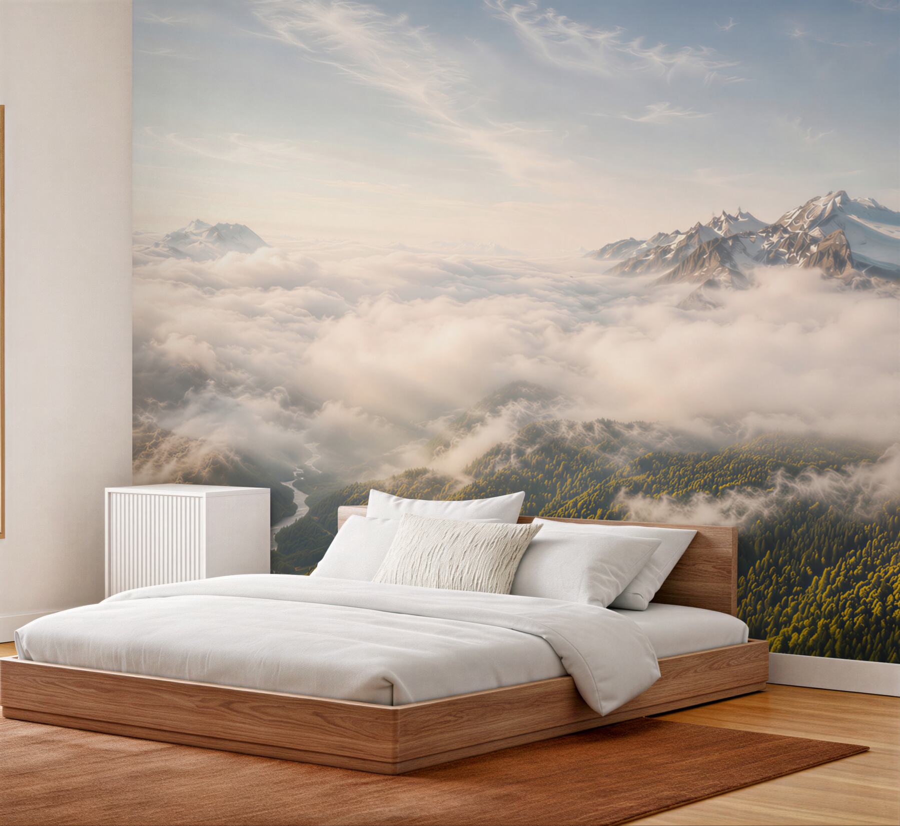 Papier peint montagnes au-dessus des nuages à l'aube pour un salon moderne