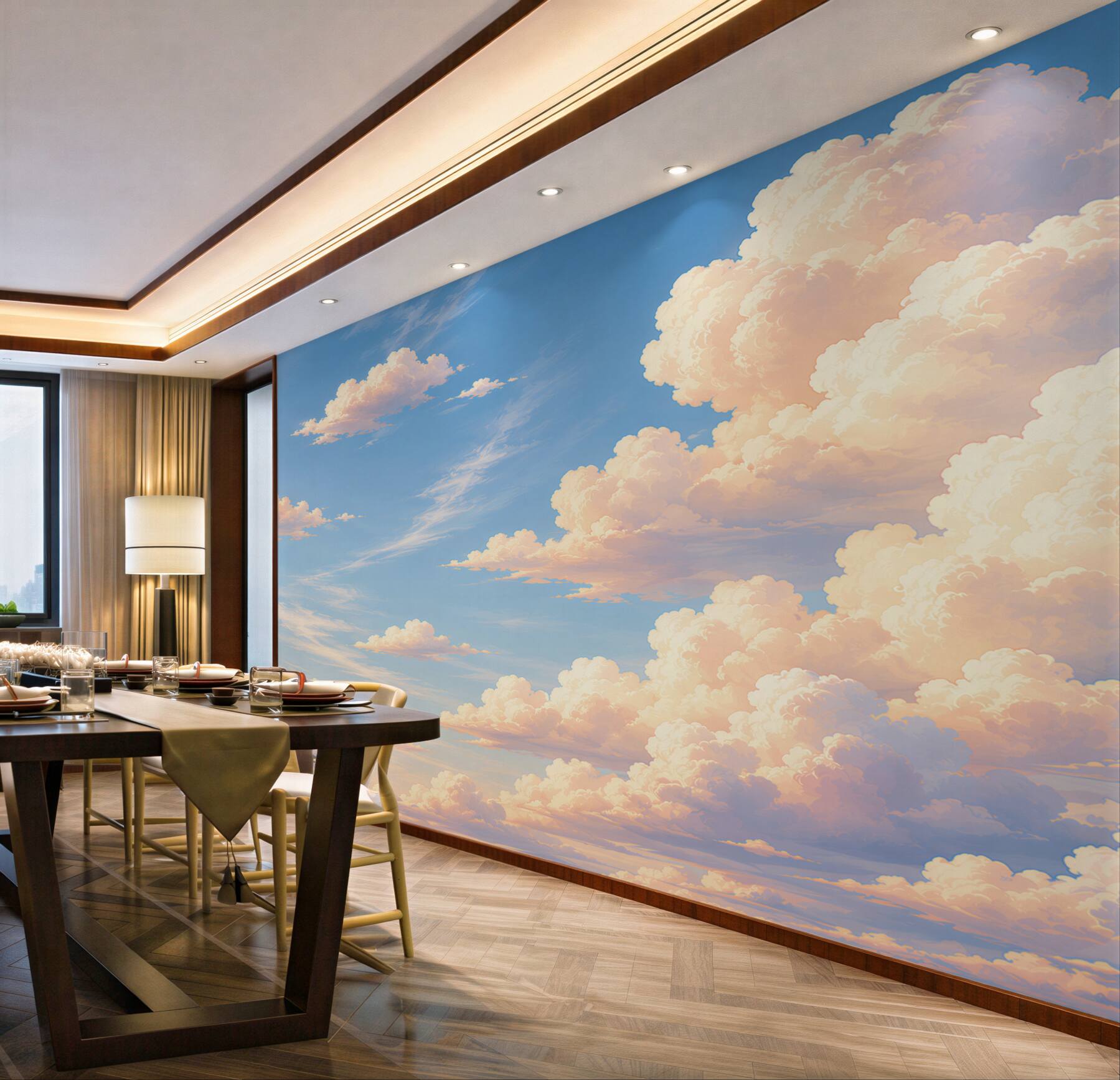 Papier peint nuages pastel dans un ciel bleu pour la chambre