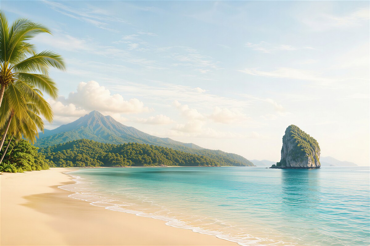 Papier peint plage paradisiaque avec un palmier, une mer turquoise et une montagne en arrière-plan