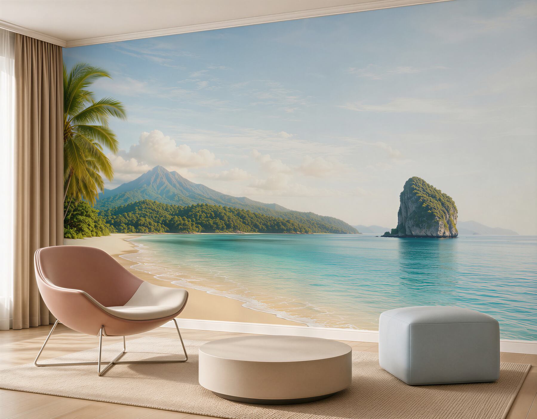 Papier peint plage paradisiaque avec un palmier, une mer turquoise et une montagne en arrière-plan