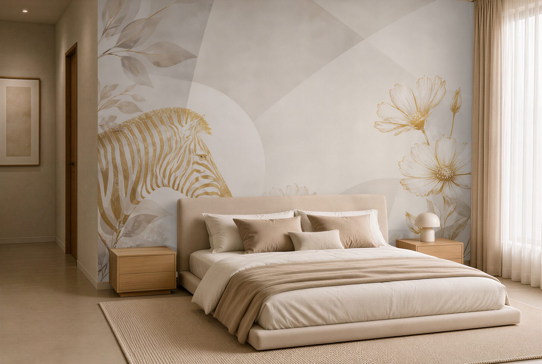 Papier peint zèbre et fleurs beige moderne style safari
