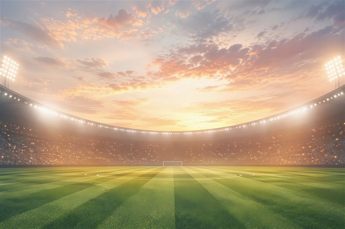 Papier peint stade de football au coucher du soleil avec un gazon vert