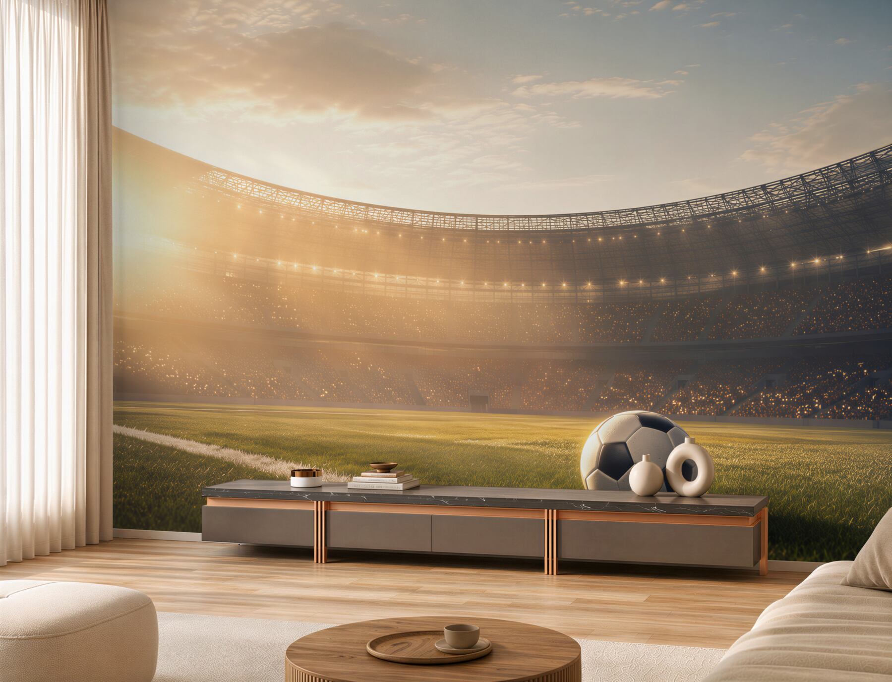 Papier peint ballon de football au stade au coucher du soleil sportif
