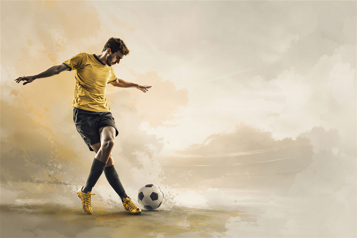 Papier peint footballeur avec ballon dynamique beige et doré pour la chambre d'un adolescent