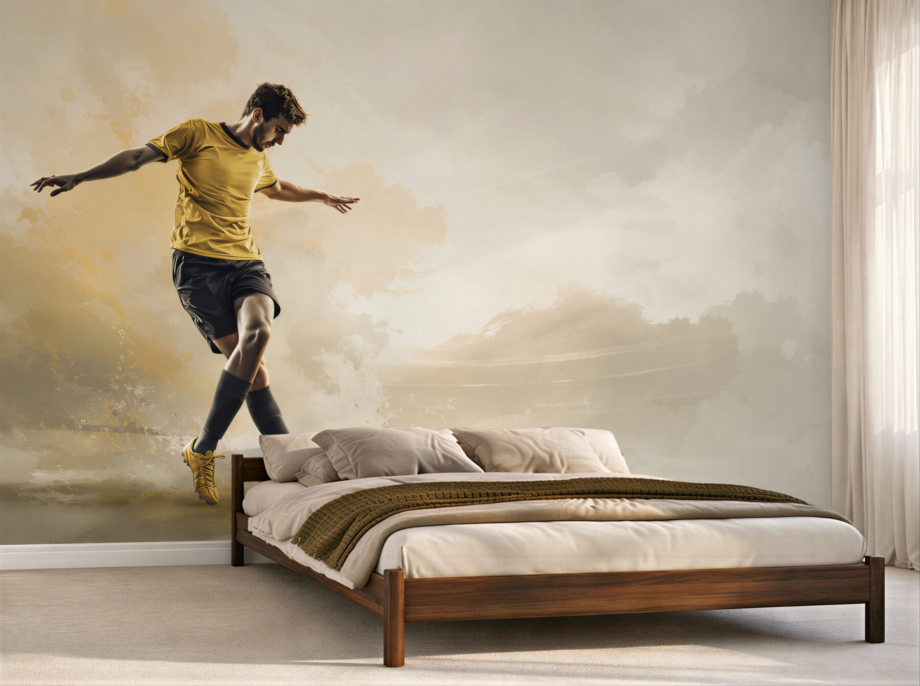 Papier peint footballeur avec ballon dynamique beige et doré pour la chambre d'un adolescent