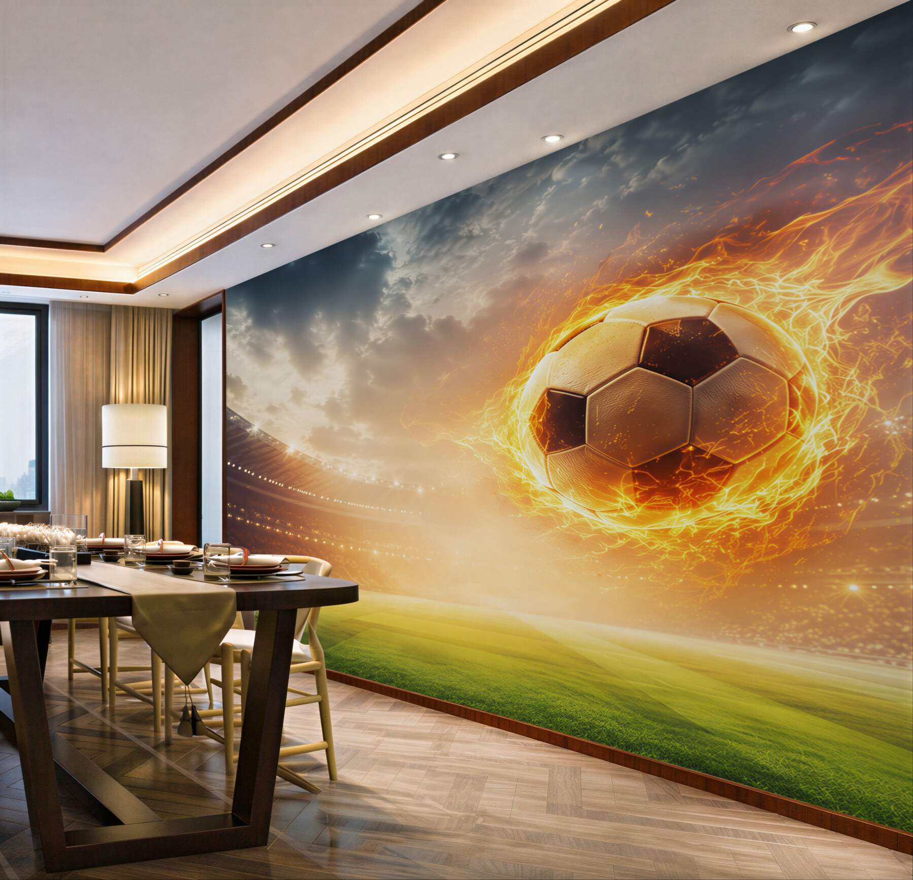 Papier peint ballon de football en feu au stade dynamique sportif