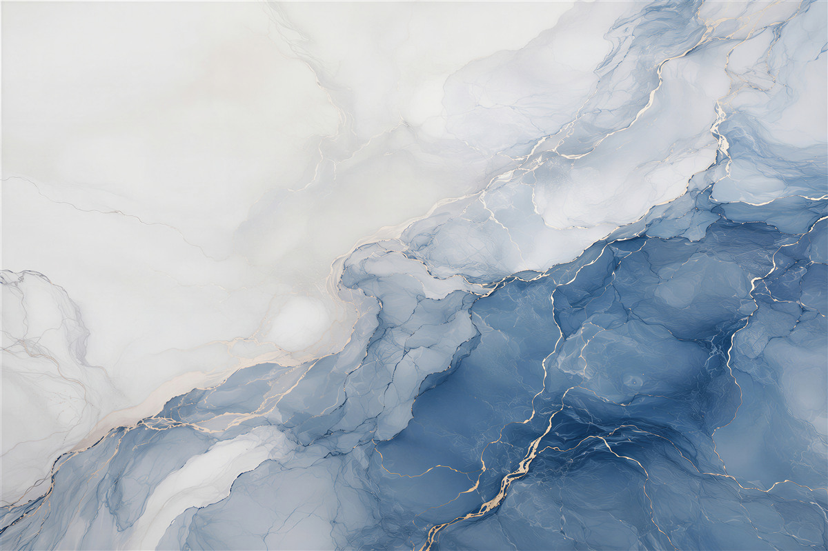 Papier peint marbre abstrait bleu avec blanc et lignes dorées