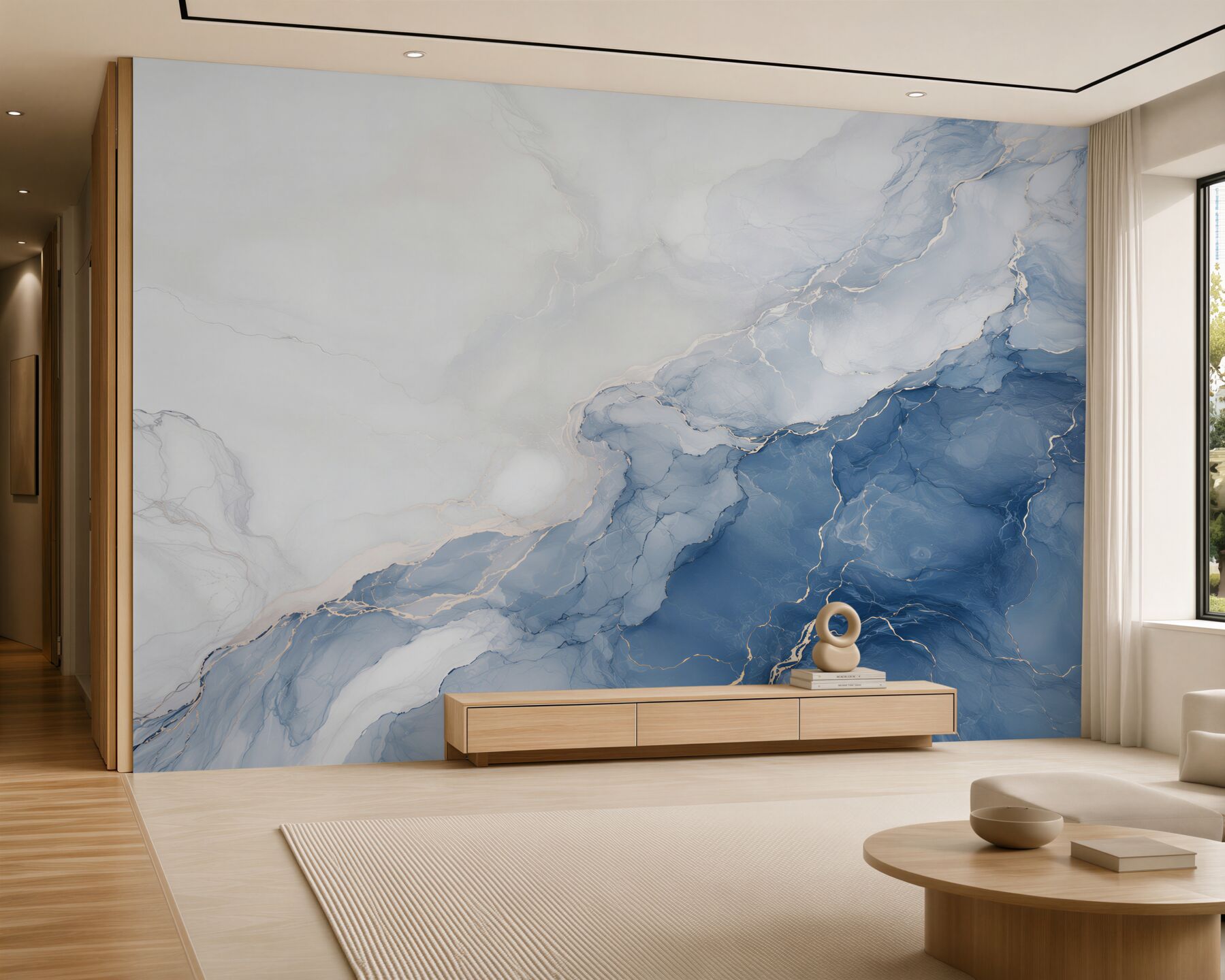 Papier peint marbre abstrait bleu avec blanc et lignes dorées
