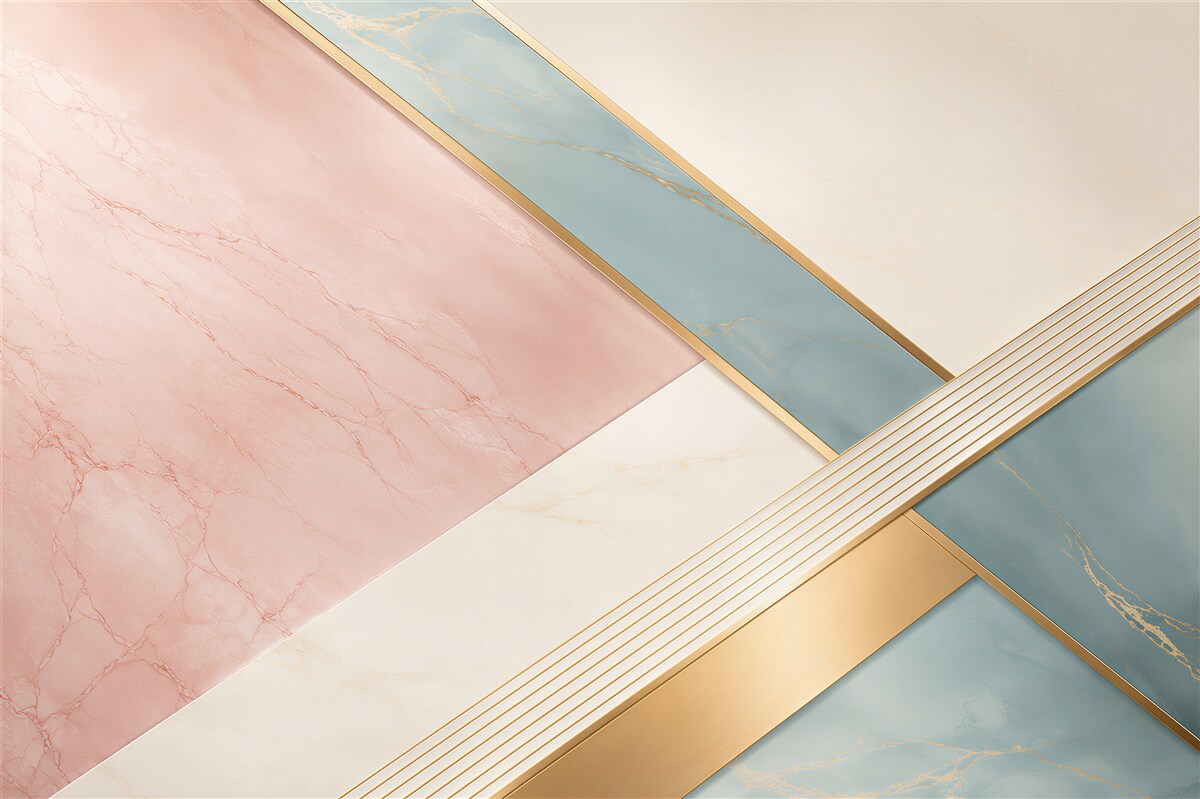 Papier peint marbre rose-bleu avec des lignes dorées élégance géométrique