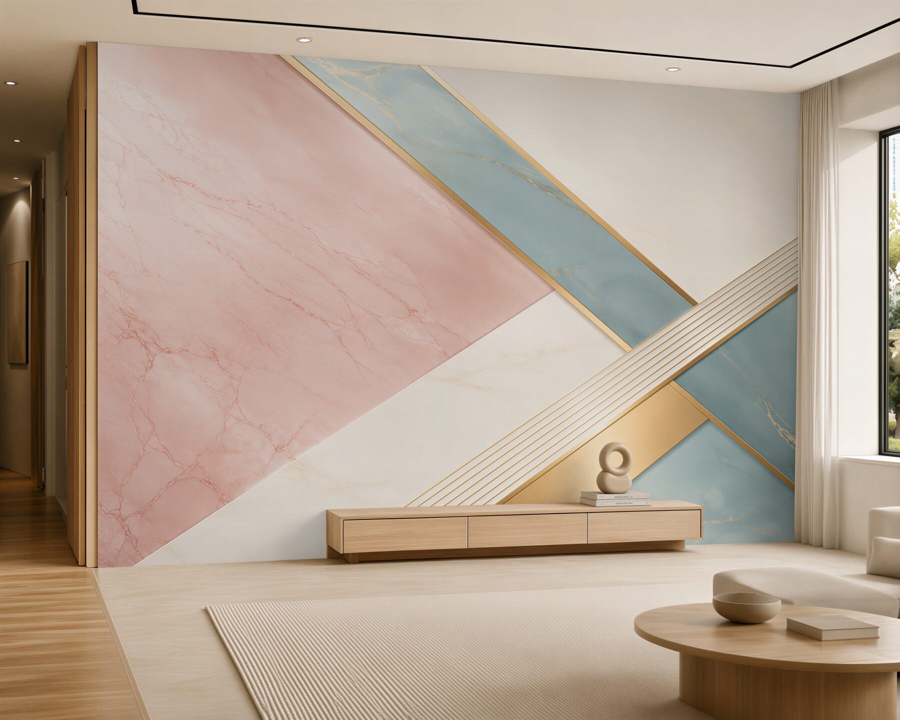 Papier peint marbre rose-bleu avec des lignes dorées élégance géométrique