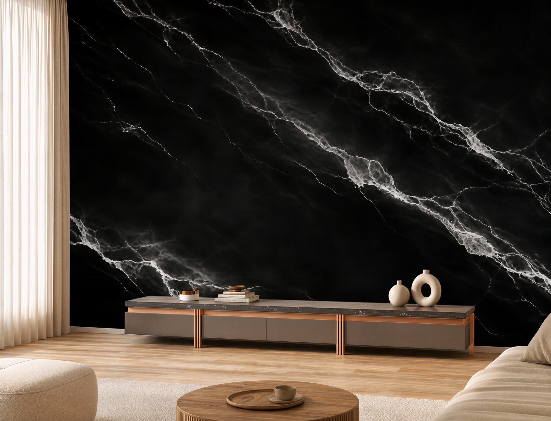 Papier peint marbre noir avec des veines blanches moderne pour un intérieur élégant