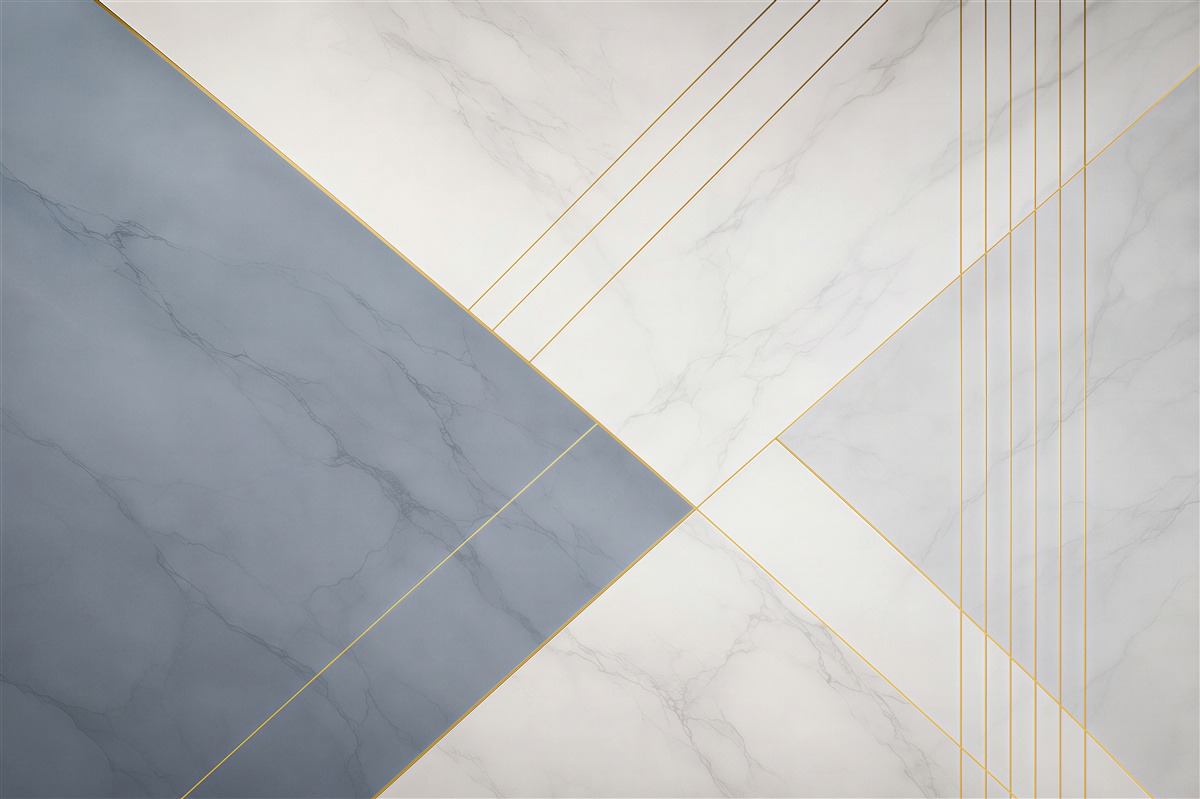 Papier peint marbre géométrique blanc-bleu avec des lignes dorées