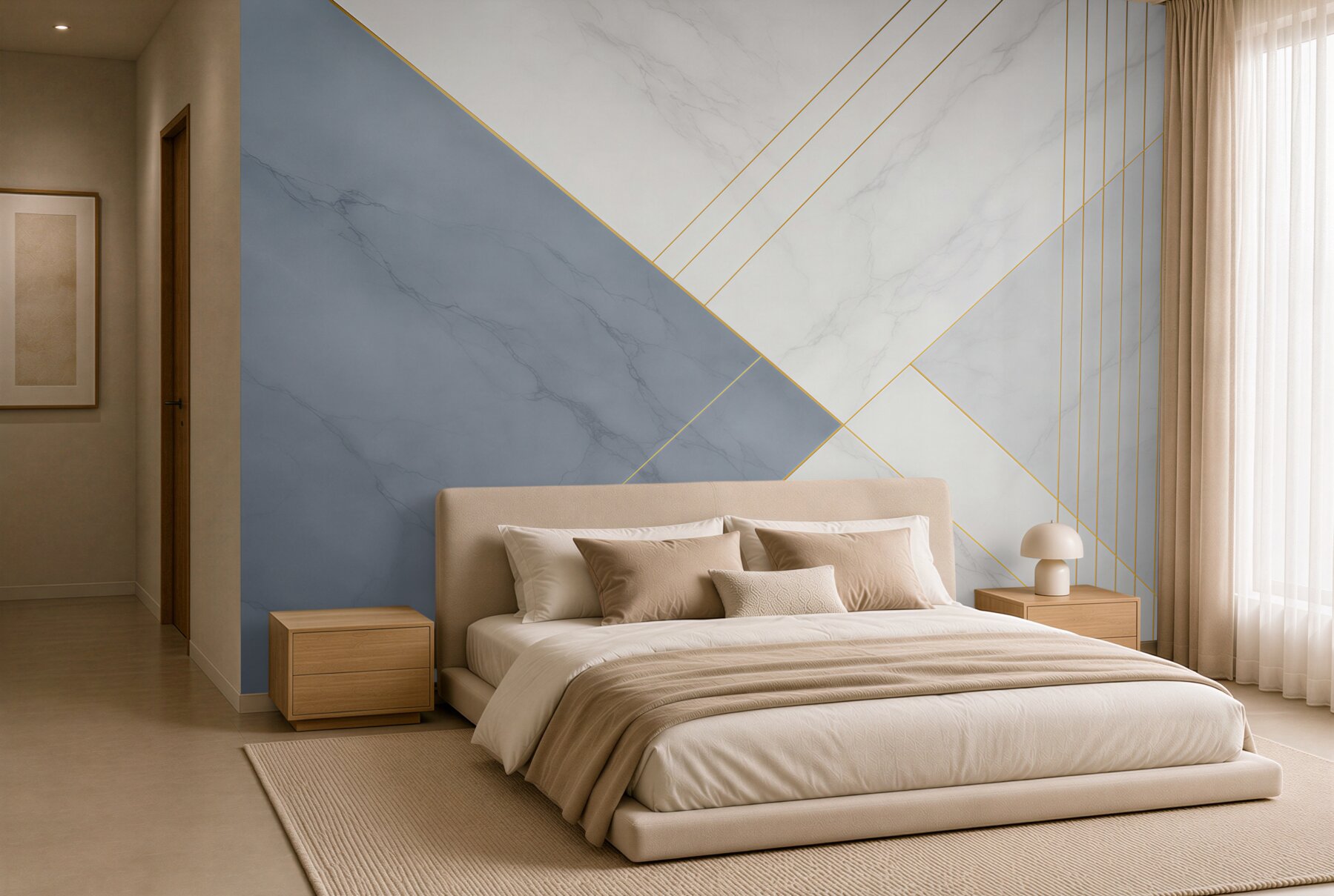 Papier peint marbre géométrique blanc-bleu avec des lignes dorées