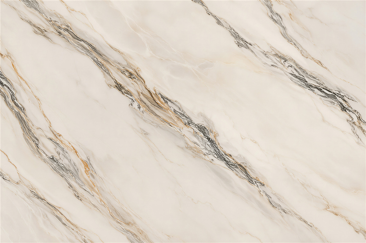Papier peint marbre blanc beige avec des veines graphite et dorées