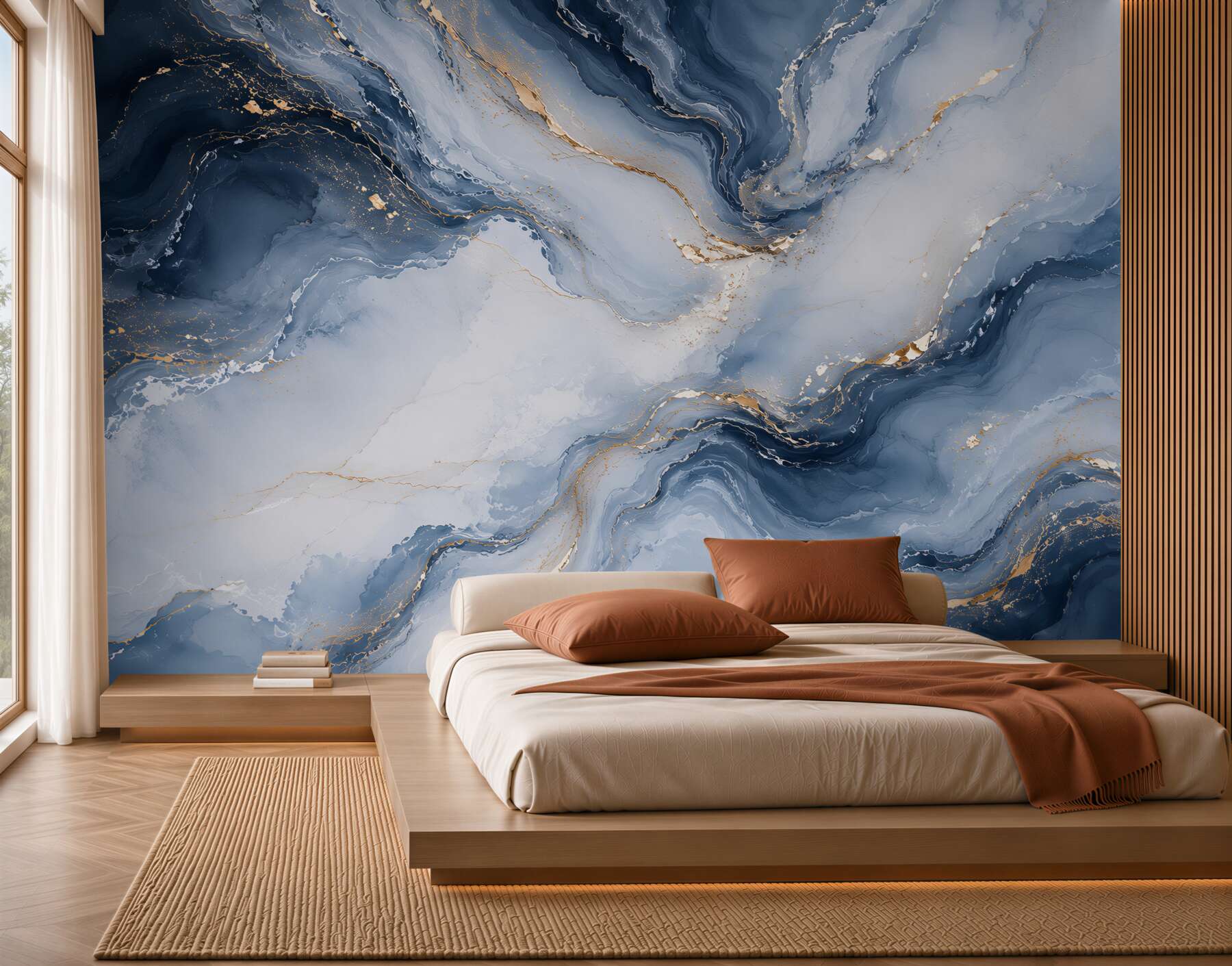 Papier peint marbre abstrait bleu marine avec des accents dorés