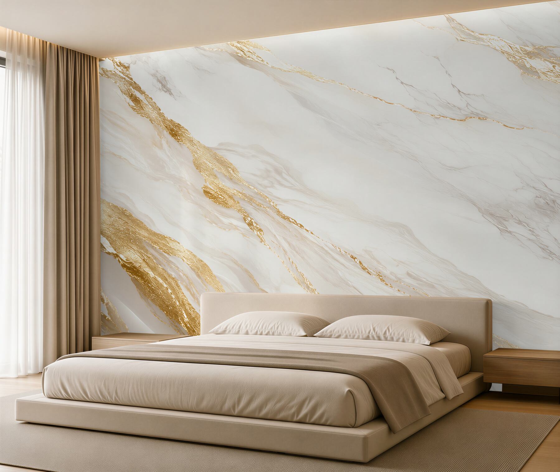 Papier peint marbre blanc avec des veines dorées élégant pour le salon