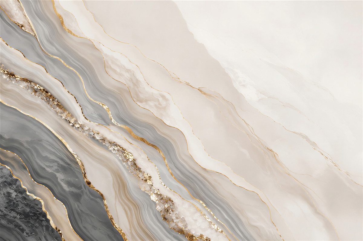 Papier peint marbre gris et beige avec des veines dorées élégante abstraction