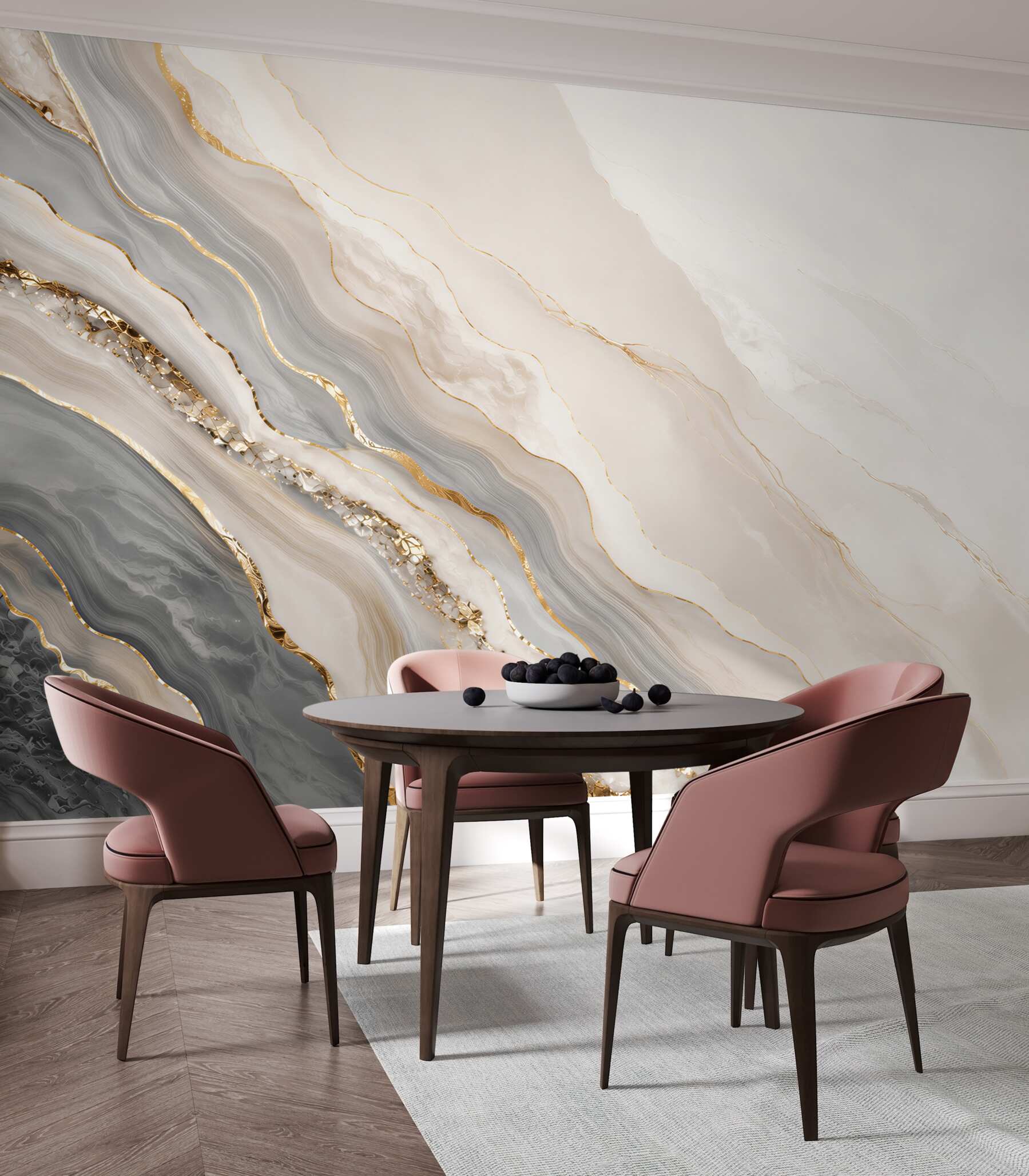 Papier peint marbre gris et beige avec des veines dorées élégante abstraction