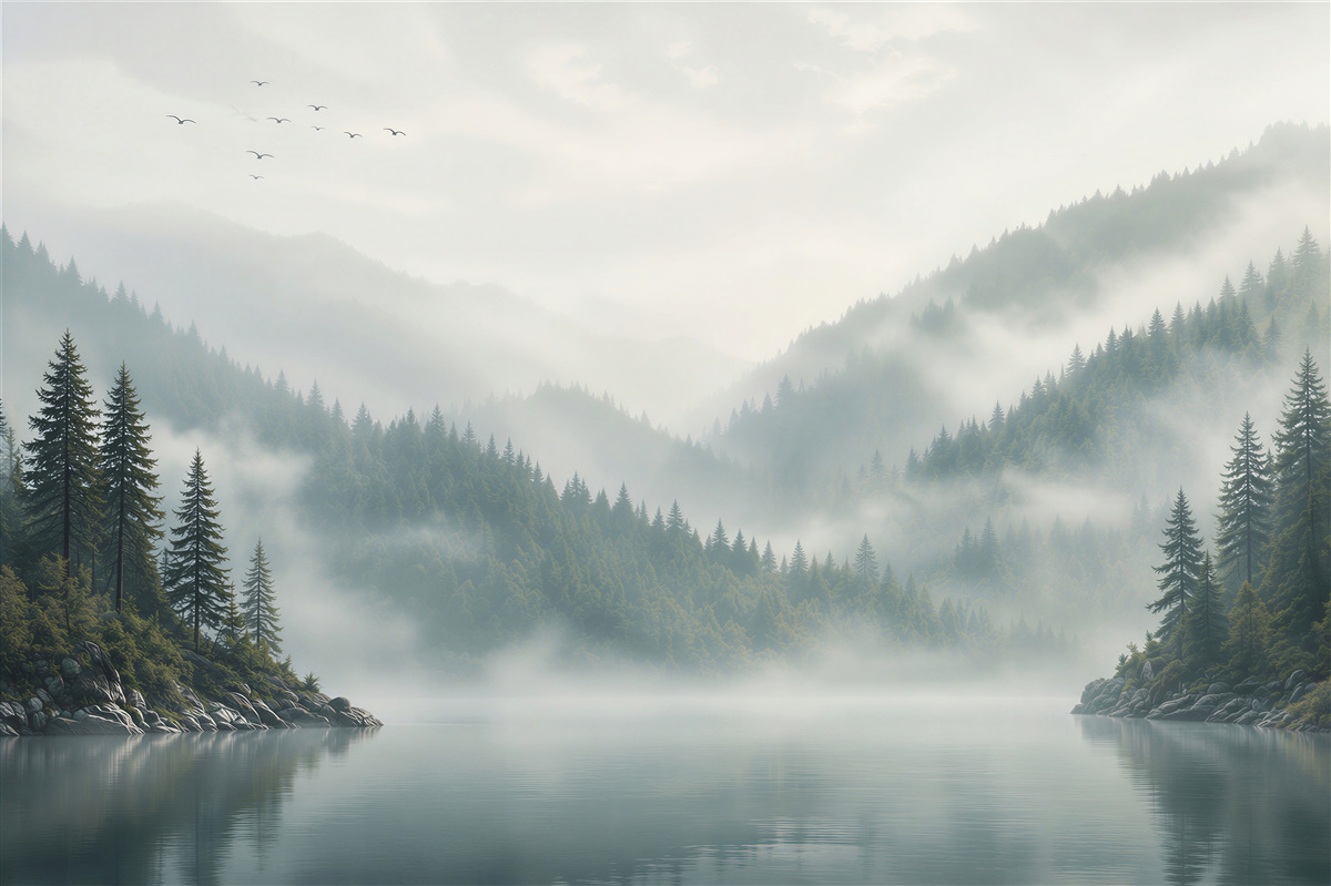 Papier peint paysage de montagne dans la brume au bord d'un lac paysage forestier paisible