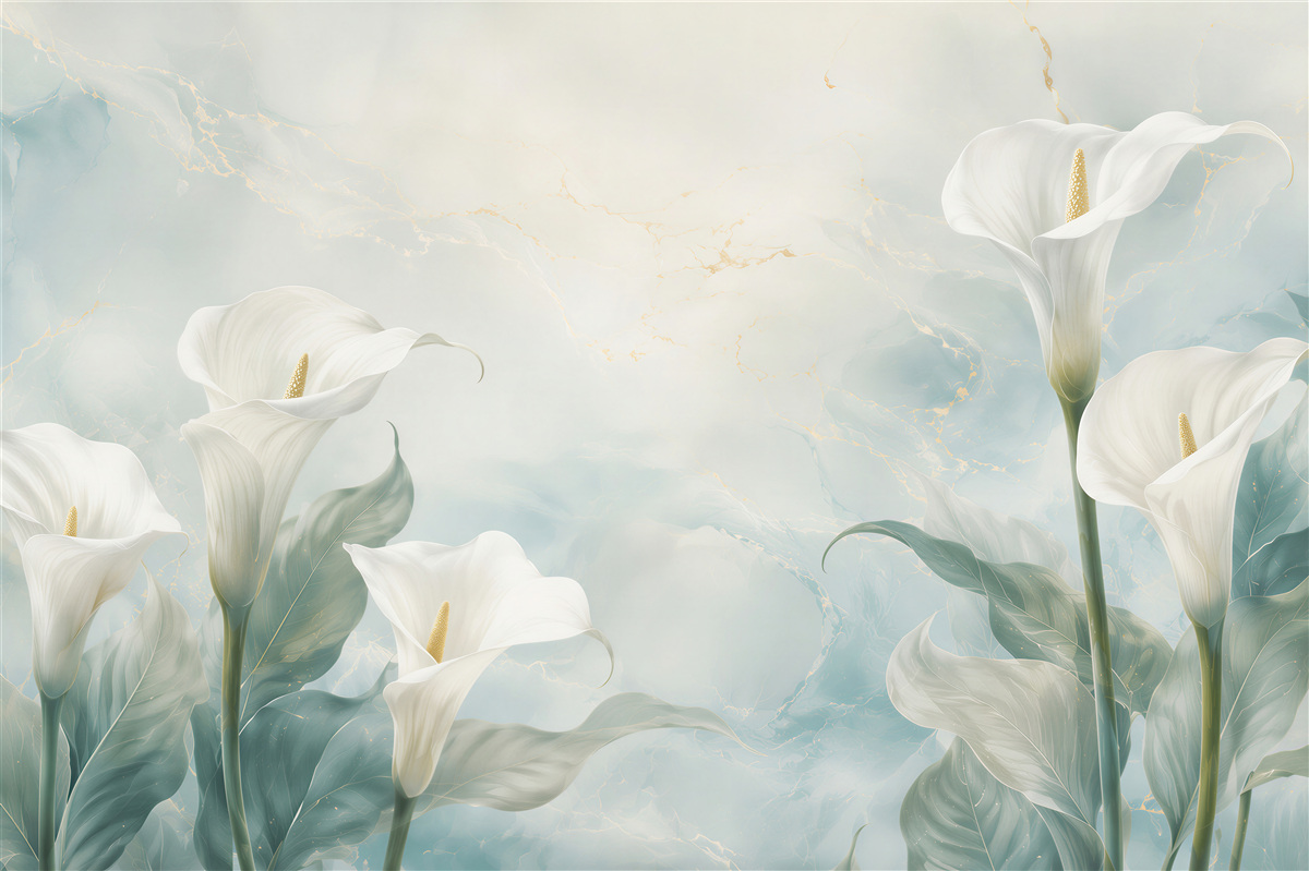 Papier peint callas blanches sur fond bleu élégance florale délicate