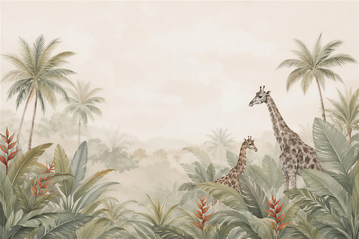 Papier peint girafes dans la jungle tropicale beige pastel