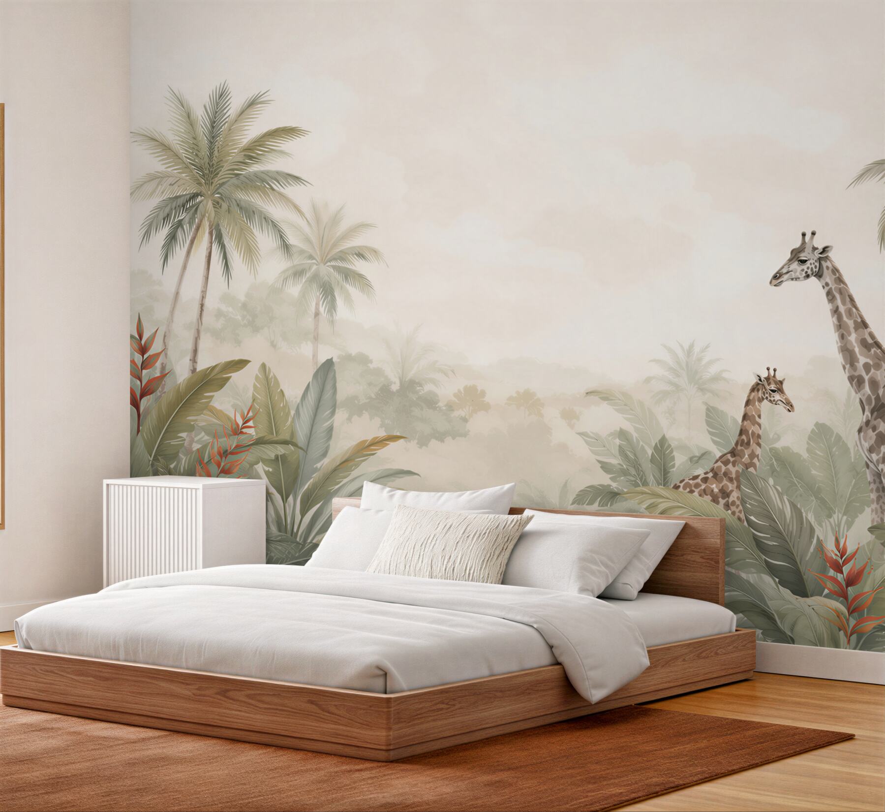 Papier peint girafes dans la jungle tropicale beige pastel