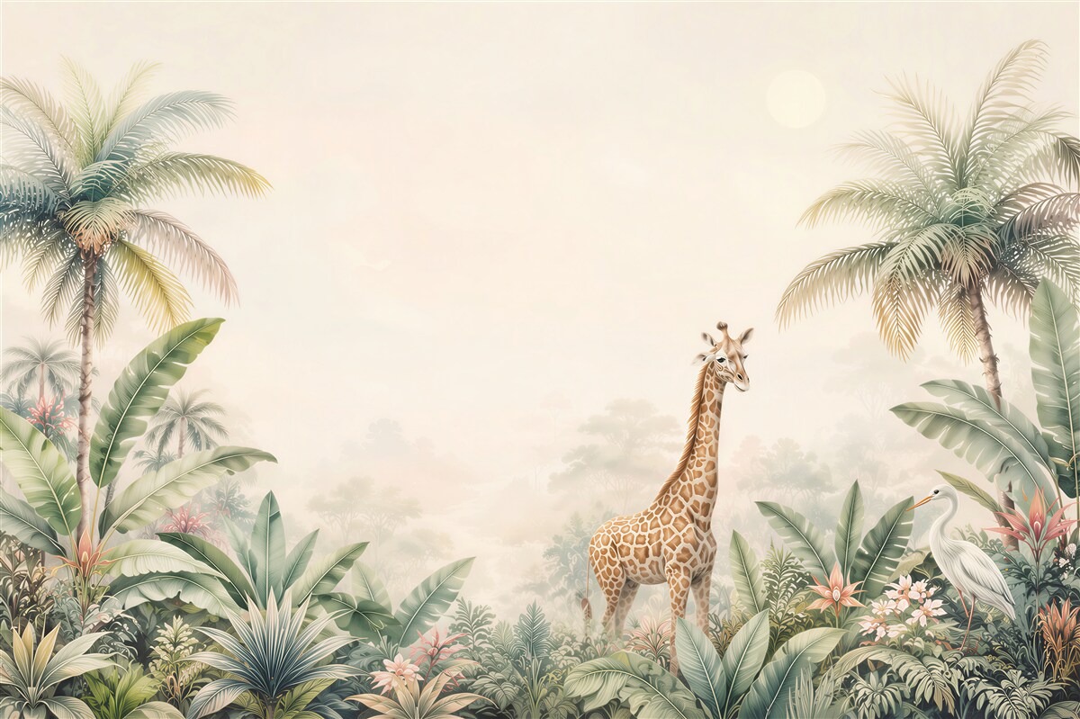 Papier peint girafe parmi les palmiers et les plantes exotiques safari pastel
