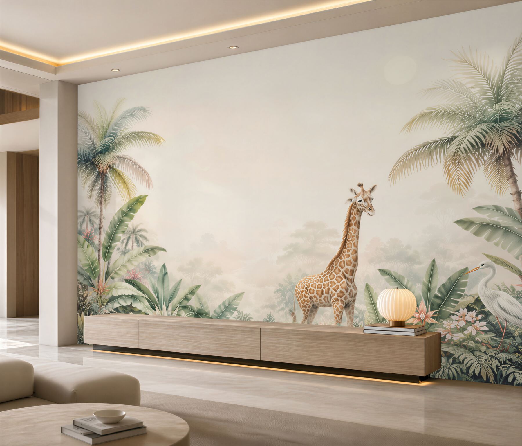 Papier peint girafe parmi les palmiers et les plantes exotiques safari pastel