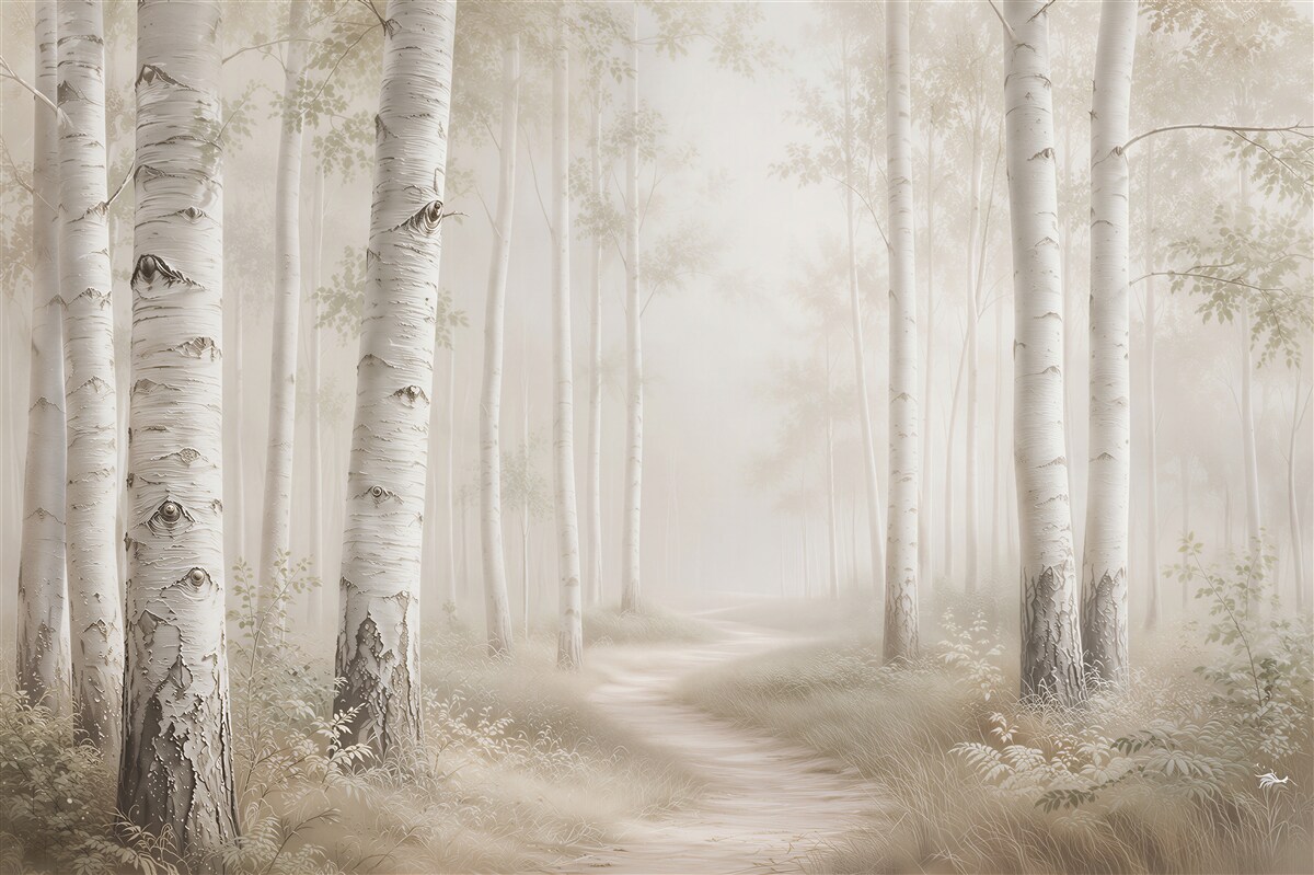 Papier peint forêt de bouleaux dans la brume chemin forestier beige vers un intérieur paisible