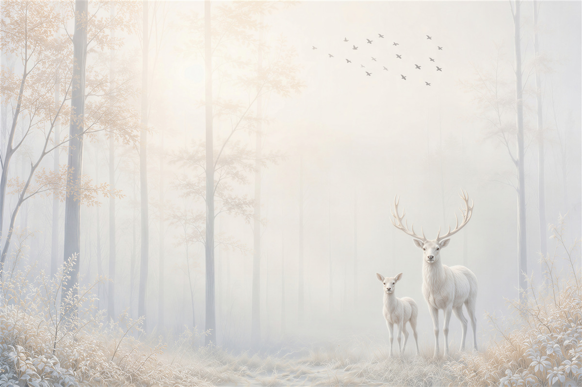 Papier peint cerfs blancs dans une forêt brumeuse beige-gris pour un salon paisible
