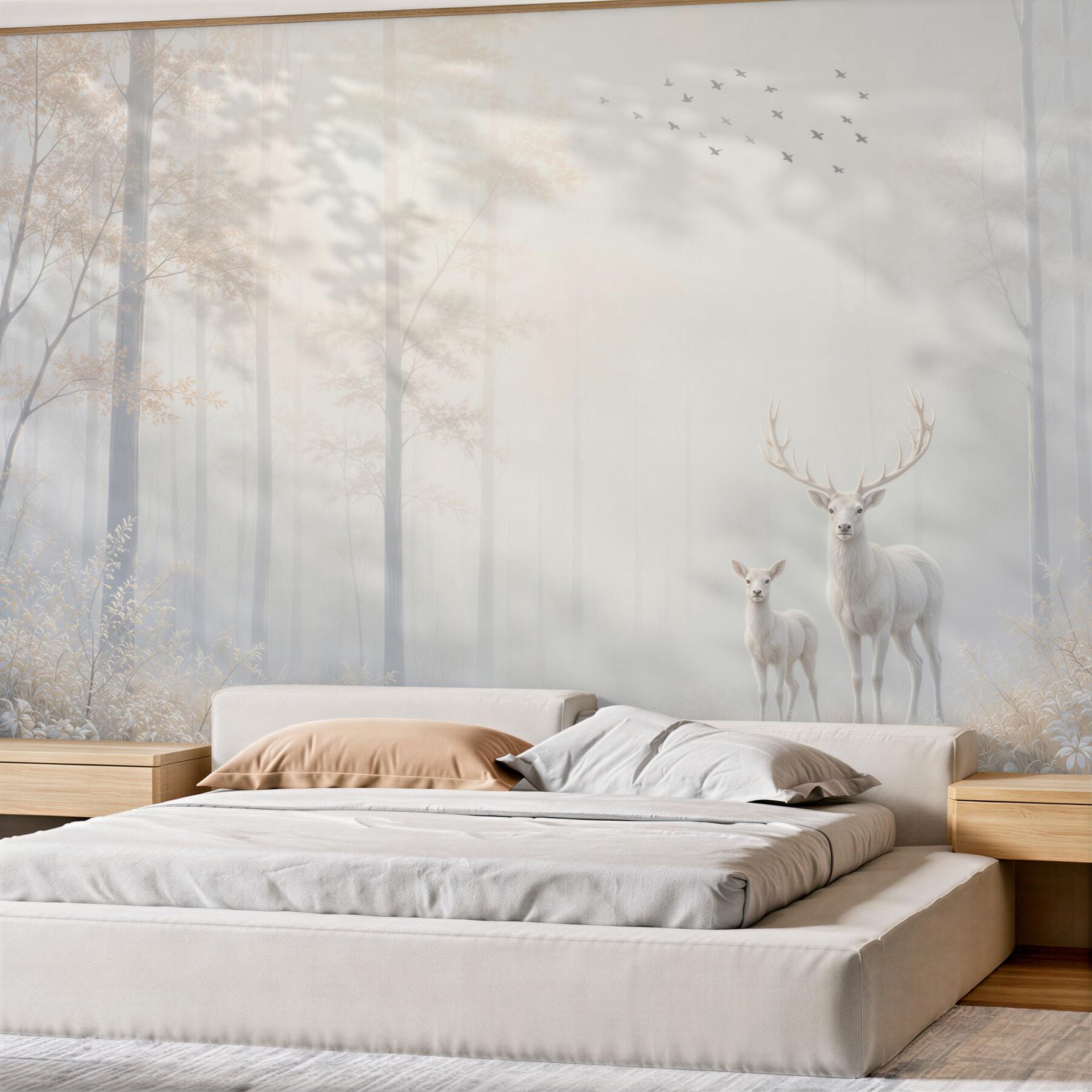 Papier peint cerfs blancs dans une forêt brumeuse beige-gris pour un salon paisible