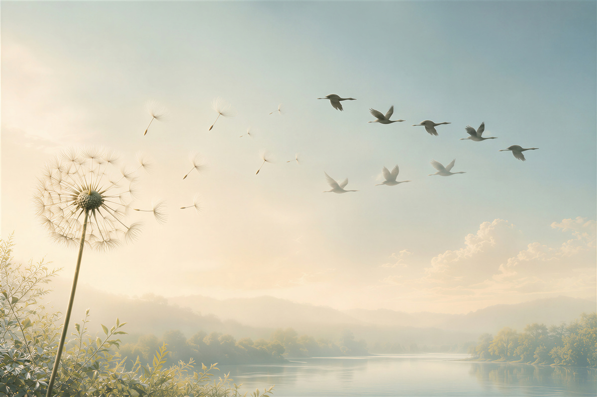 Papier peint pissenlit et oiseaux volant au-dessus d'un lac en pastels clairs