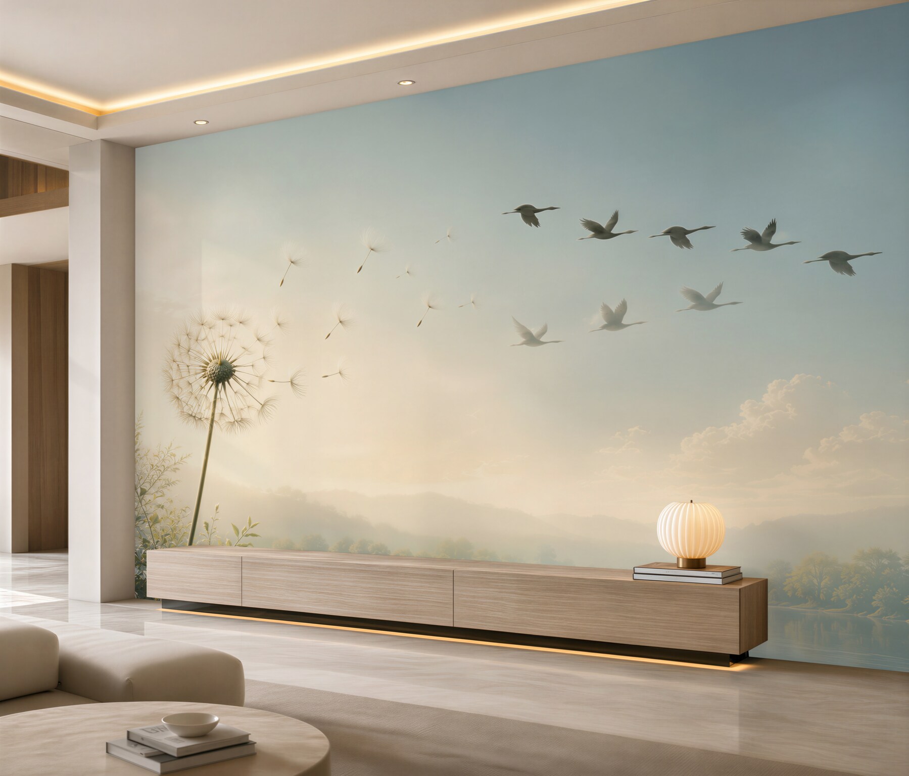 Papier peint pissenlit et oiseaux volant au-dessus d'un lac en pastels clairs