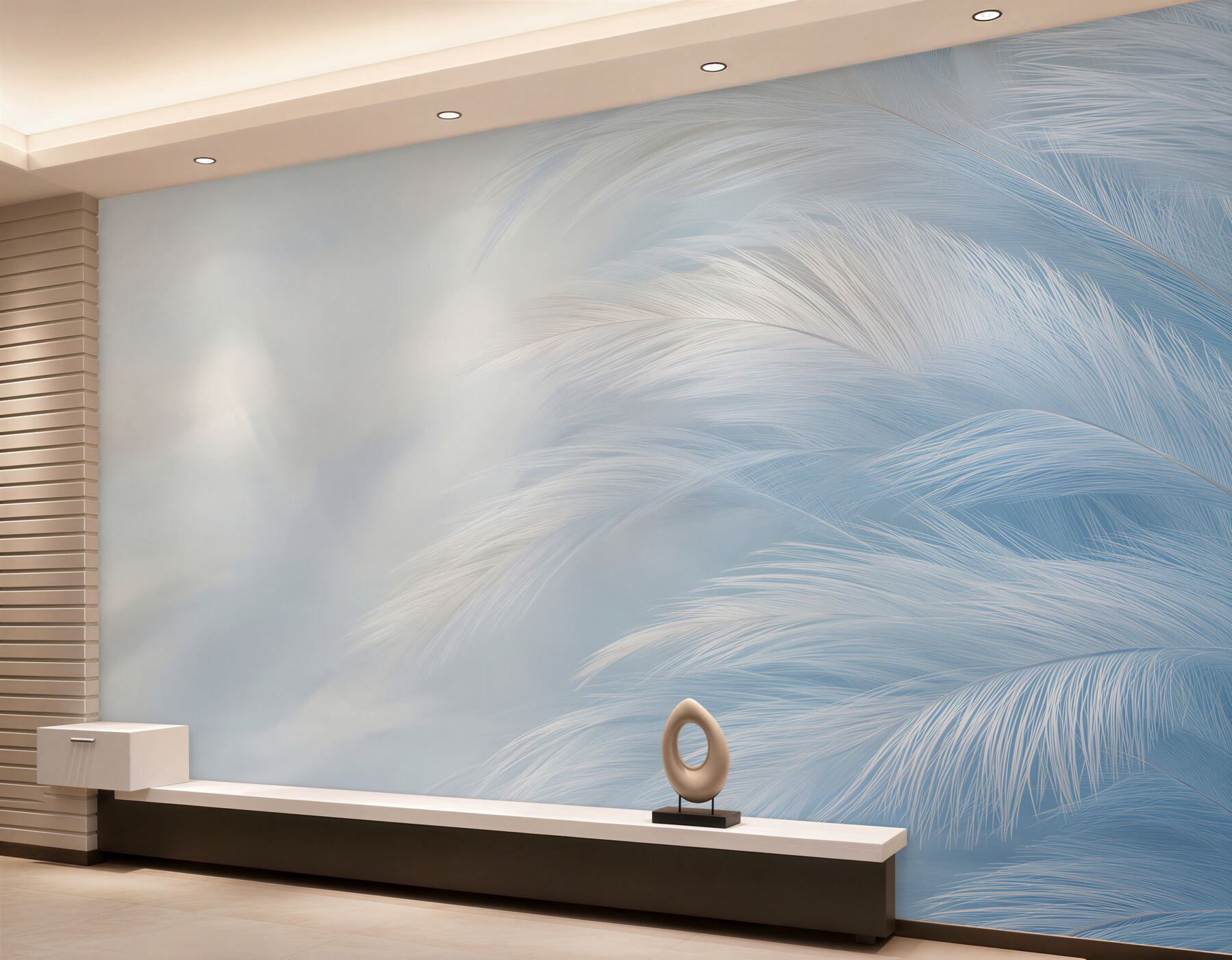 Papier peint délicates plumes blanches sur un fond bleu pour une chambre élégante